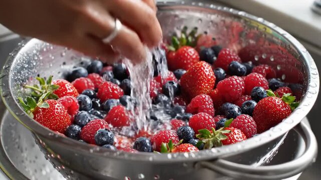 Close up of a hand washing fresh mixed berries like strawberries, blueberries, and raspberries in a colander under running water for healthy eating concept and food preparation