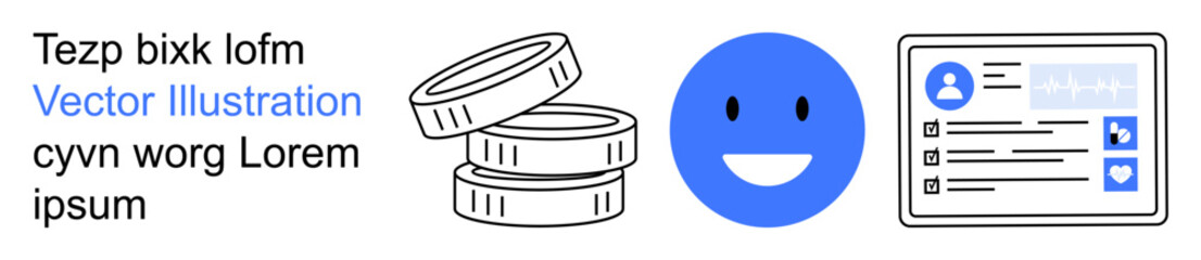 Fototapeta premium Finance, identity, cryptocurrency, online profiles, user interfaces, organization. Coin stack, a happy face icon and a user profile card illustration. Finance and identity