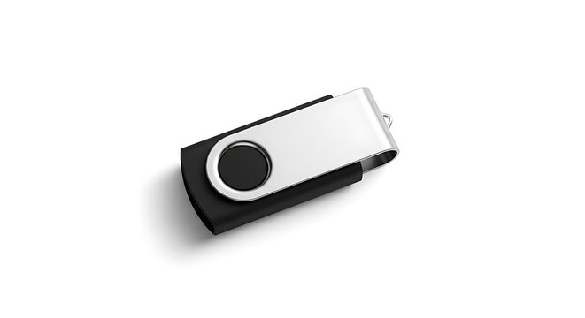 Swivel USB flash drive with black body and silver metallic cap and rotating mechanism on a white background