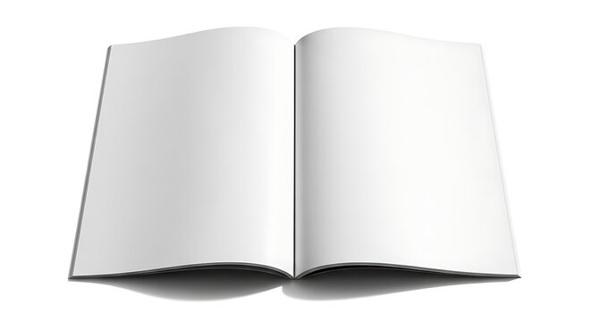 Open blank white book with blank pages facing upwards on a white background with subtle shadow, ready for creation and mockup purposes