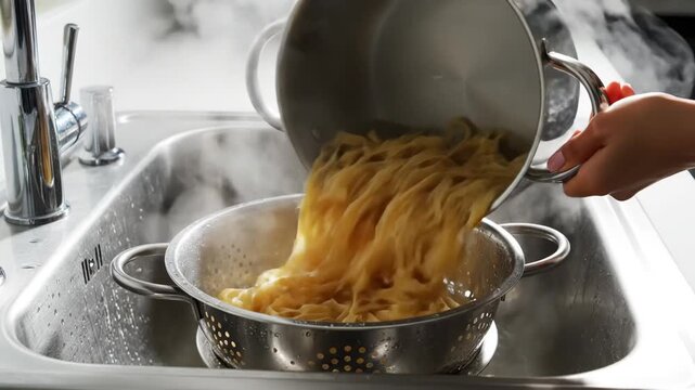 Person draining hot steaming tagliatelle pasta from a pot into a colander in a kitchen sink for home cooking concept and daily meal preparation