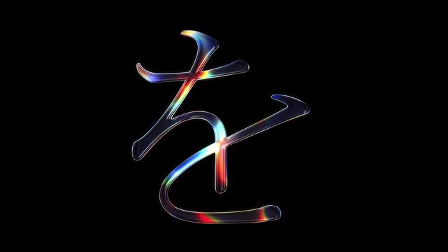 A Japanese Hiragana "を" shimmering with various colored lights on a glass-like surface with an alpha channel. Serif font. Seamless loop video.