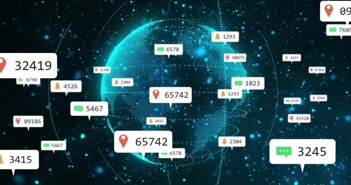 Receiving badges with counters, stylized Earth pulsing in virtual network, showing alerts