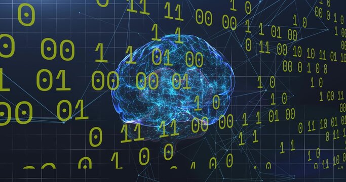 Glowing 3D brain emitting filaments in dark grid visualization, with floating binary digits