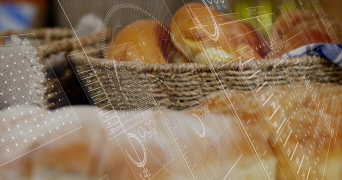 Showing wicker basket holding golden rolls with cloth-liner on bakery shelf, HUD overlays