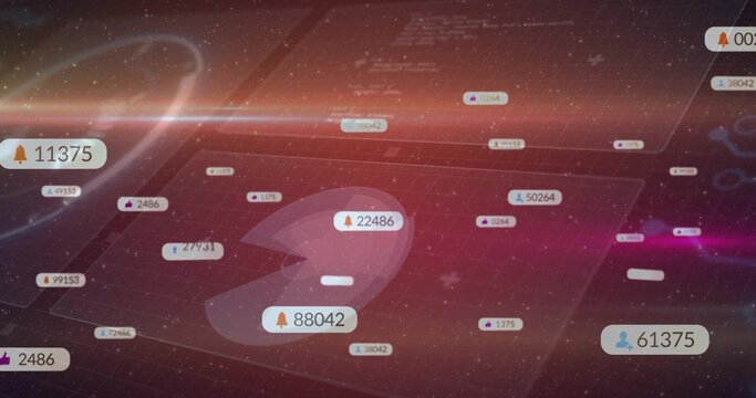 Showing central translucent curved shape with bell label 88042 on virtual grid, with notifications