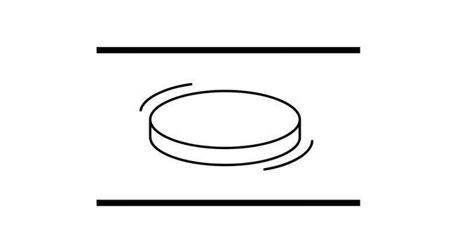 Minimalist black and white vector depicting a rotating disc between parallel lines, indicating
