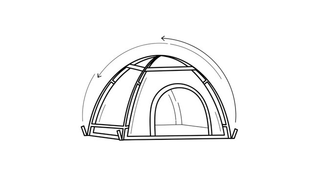 Minimalist line art illustration of a dome tent with assembly arrows for outdoor adventure gear