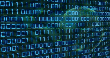 Naklejka premium Glowing rows of cyan binary digits scrolling across digital display, with translucent green globe