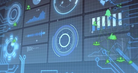 Animating central HUD radar dial pulsing, scanning over blue grid GUI with map inset and gauges © vectorfusionart