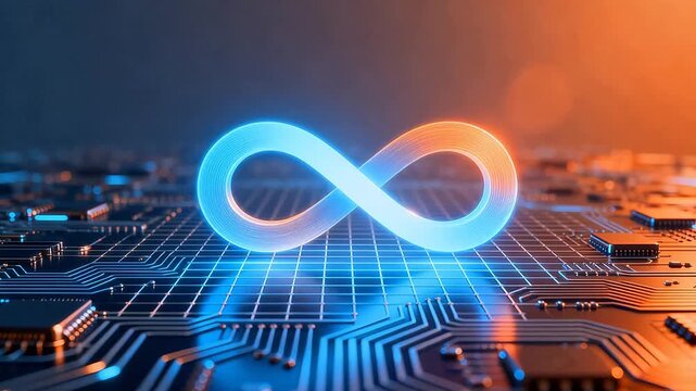 Glowing infinity symbol on a futuristic circuit board with blue and orange lighting