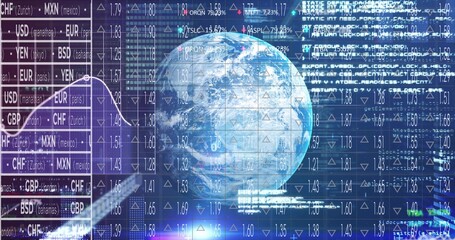 Fototapeta premium Displaying central Earth globe rotating over market UI, with fx rates, data grid, icons and code