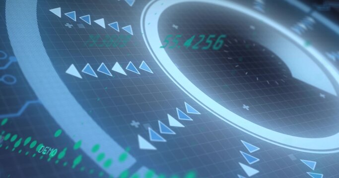 Showing circular HUD gauge over dark grid, showing teal readout 55