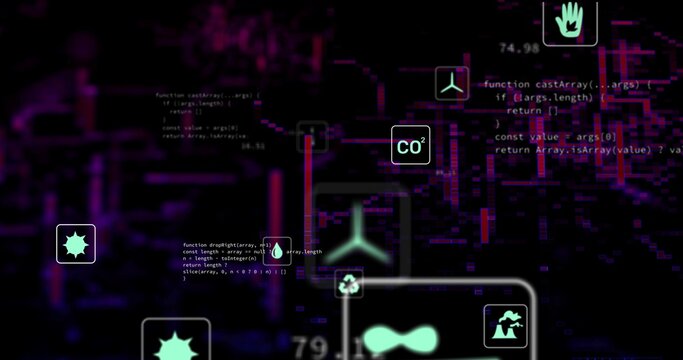 Pulsing centered pipeline node highlighting recycling triangle, CO2, droplet, code in dashboard