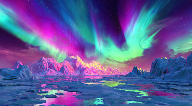 Northern lights over icy arctic landscape with colorful sky, frozen sea, and glowing mountain reflection