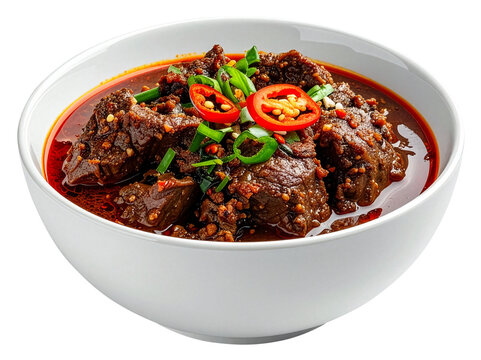 a bowl of beef rendang stew isolated on white background