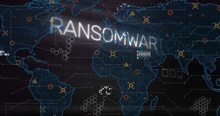 Showing blue global map on grid panel, displaying RANSOMWAR overlay, warning icons, markers, nodes © vectorfusionart