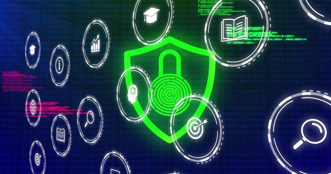 Displaying neon green shield with padlock fingerprint target on cyber dashboard with circular icons