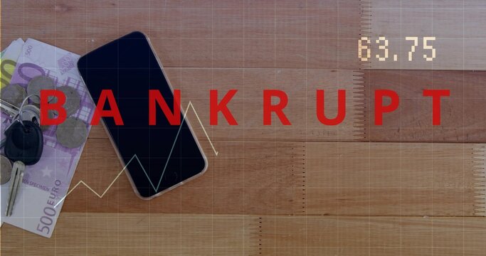 Showing left items on wood table, including phone, 500 euro, car keys, BANKRUPT overlay, copy space