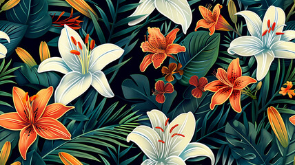 Tropical Lily Flowers with Lush Jungle Leaves in Vibrant Orange and White Botanical Pattern, tile