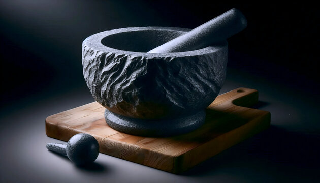 A heavy granite mortar mockup with pestle aside, on a wooden slab, Ai generated image