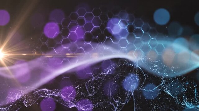 Abstract glowing waves of light and particles flow across a dark background with a hexagonal grid pattern
