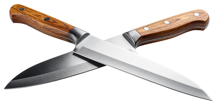 stack of kitchen knives in cross form isolated on white background