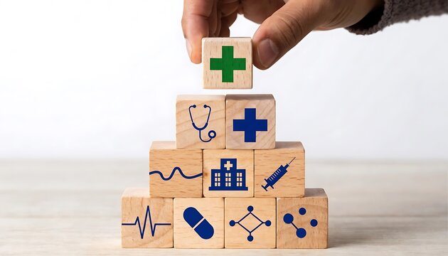Hand placing a green cross block on a medical-themed wooden block tower