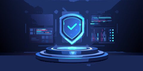 A glowing blue shield with a checkmark represents digital security and protection © Tarun