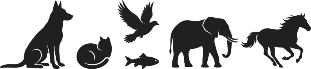 Fototapeta premium Black animal silhouettes collection, dog, cat, bird, fish, elephant, horse, domestic pets and wild animals vector illustration set