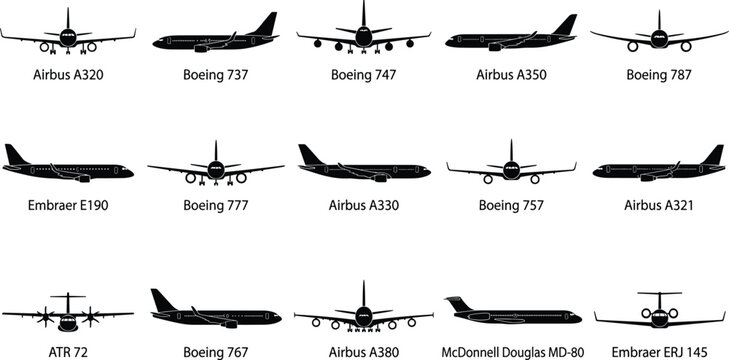 Black commercial airplane silhouette collection front view aviation passenger jet models Airbus Boeing Embraer vector graphic design illustration set