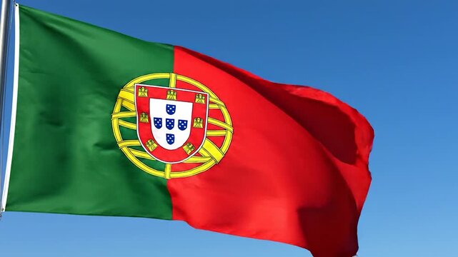 A vibrant national flag with green and red sections, featuring a central emblem, waves gently in the wind against a clear blue sky