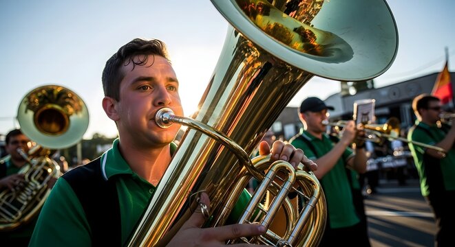 Musician Playing Tuba In Outdoor Marching Band Sunset