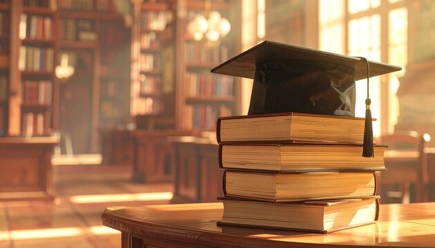 Generative AI. The toga hat is on top of a thick pile of books