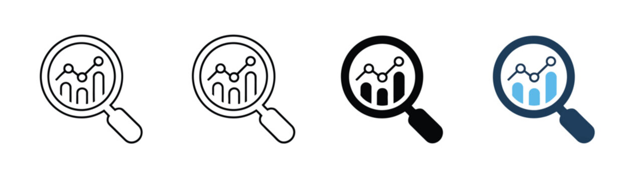 Analytics, magnifying glass and line chart icon symbolizing data analysis, business intelligence, performance tracking, dashboard reporting, insights, monitoring, and research in modern vector style.