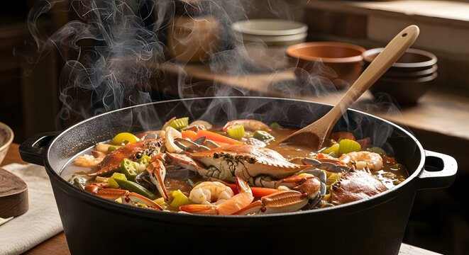Seafood Gumbo Stew Steaming In Black Pot