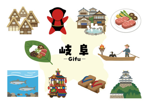 岐阜県の観光・伝統・特産アイコンセット（白川郷・飛騨牛・下呂温泉・鵜飼・高山祭）
