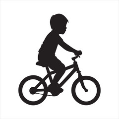 Obraz premium Silhouette of a young boy riding a bicycle on a white background