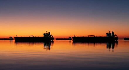Obraz premium Cargo Ships Anchored at Sunset Stock Image, Silhouette of Industrial Tankers Floating on Calm Sea Waters during Golden Hour, Maritime Logistics and Global Trade Photography