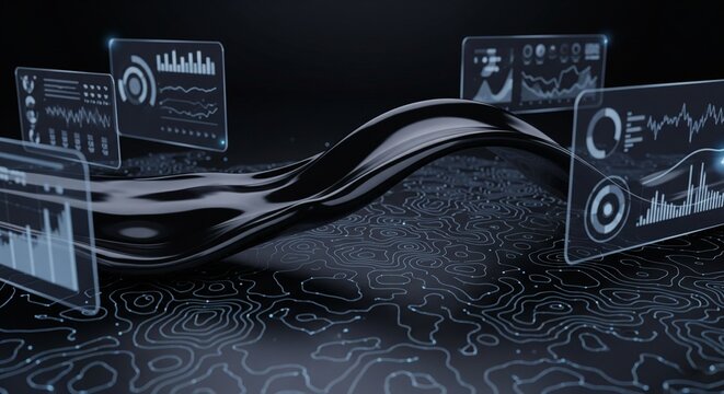 Abstract 3D visualization of digital data streams with glowing charts and graphs against a dark topographic background, representing technology and analytics