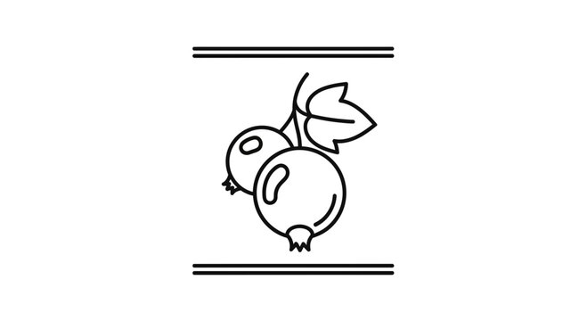 Minimalist black outline drawing of two fresh berries with a small leaf on a branch element