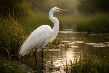 Obraz premium Beautiful Great Egret standing gracefully in natural wetland habitat