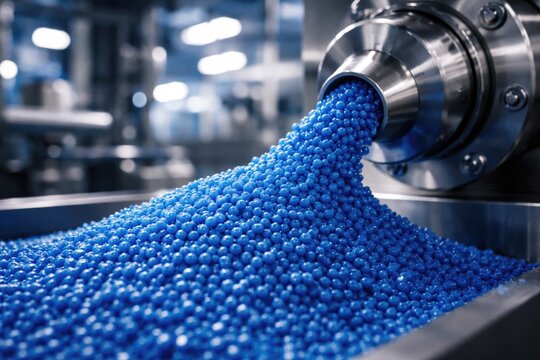 Blue polymer granules used in petrochemical manufacturing processes with compound extrusion