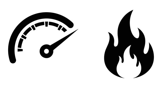 Speedometer, flame icons, black vector symbols, speed and fire signs, modern simple graphics