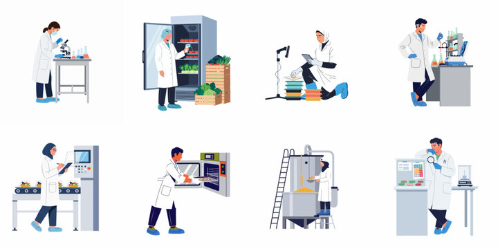 Set of illustrations featuring food scientists and laboratory workers performing quality control, safety testing, and research in the food production industry.