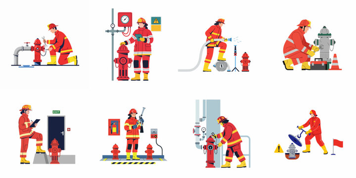 Set of illustrations depicting professional firefighters performing inspections, maintenance, and testing of fire hydrants and various fire safety equipment.