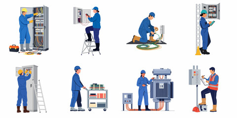 Fototapeta premium Professional electrical workers performing maintenance, testing, and installation of power systems and equipment, isolated on a white background.