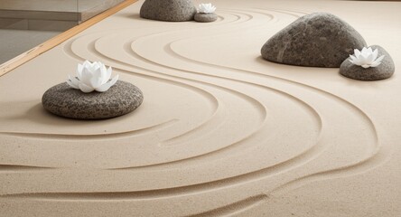 Naklejka premium Gentle Zen garden featuring flowing sand designs, white lotus flowers, and smooth pebble decor in soft beige minimalist ambiance