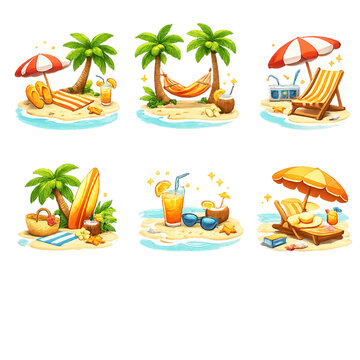 beach relaxation collection, vibrant beach style, summer beach vibes, tropical relaxation, colorful beach illustration, seaside leisure, vacation summer set, beach life aesthetic, sunny beach day, tro