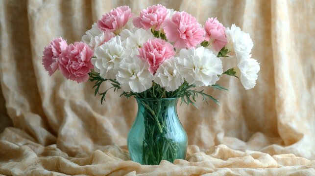 Delicate bouquet of pink and white carnations in a teal vase